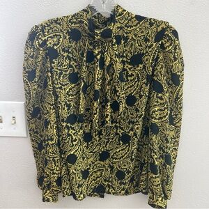 Vintage Romantic Goth Sheer Paisley Tie-Neck Detail Blouse Black Gold Size Small